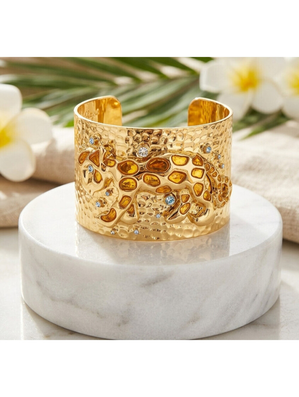 Lilly Pulitzer Gold Tone Leopard Cuff Bracelet - Rhinestone & Enamel Accents